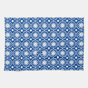 Blue white modern geometric floral pattern tea towel