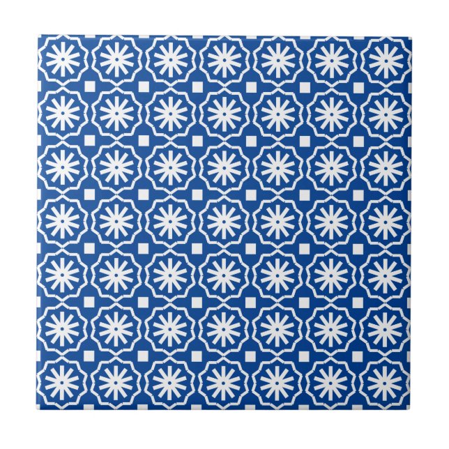 Blue white modern geometric floral pattern tile (Front)