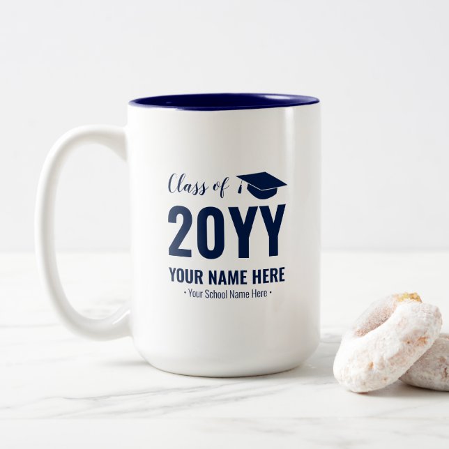 Blue & White | Modern Graduation Gift Custom Mug (With Donut)
