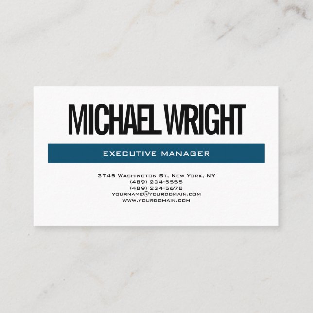 Blue White Modern Plain Simple Minimalist Bold Business Card (Front)