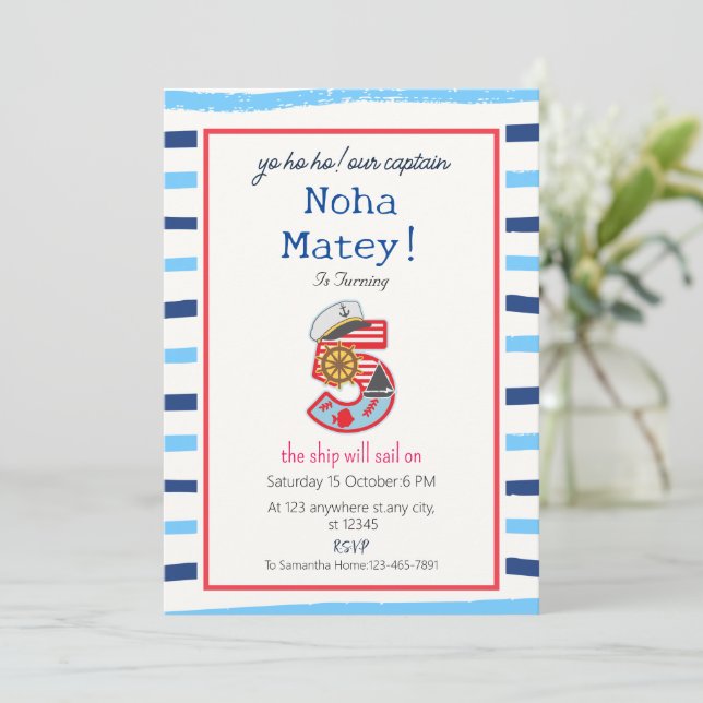 Blue & White Modern Stripes Nautical 5th Birthday Invitation (Standing Front)