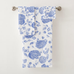 Blue White Modern Vintage Botanical Floral Toile Bath Towel Set