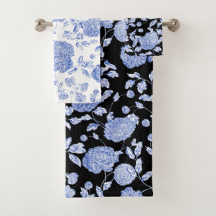 Blue White Modern Vintage Floral Toile Black Bath Towel Set