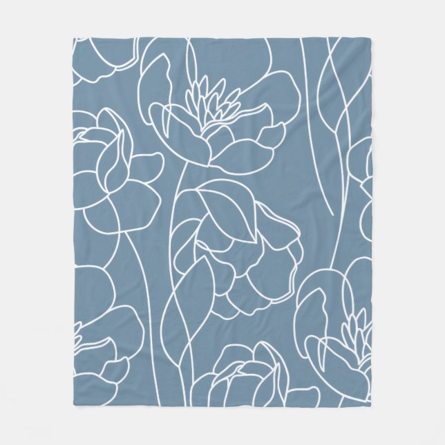 Blue White Modern Wildflower Fleece Blanket (Front)