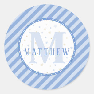 Blue & White Monogram Baby Shower Classic Round Sticker