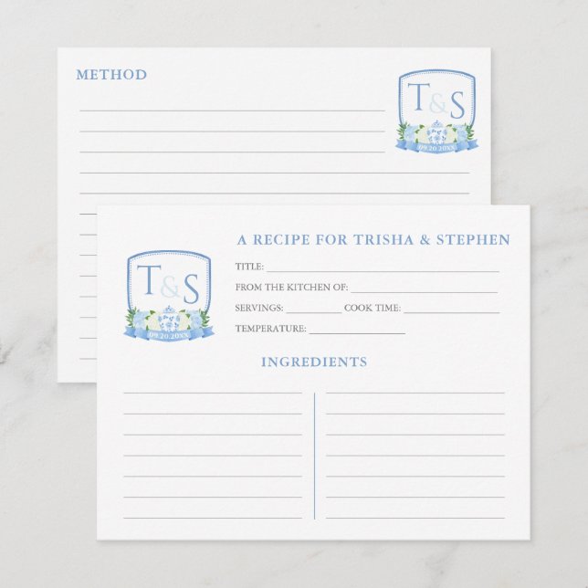 Blue White Monogram Bridal Shower Recipe Card (Front/Back)