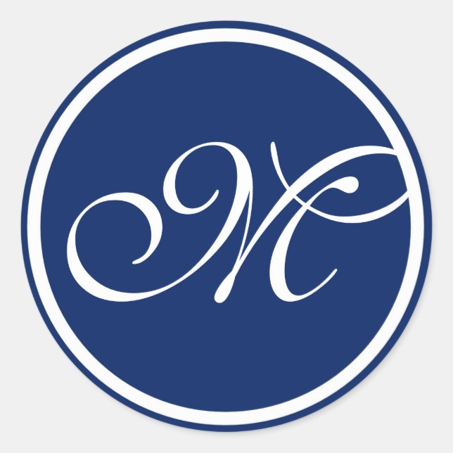 Blue White Monogram Classic Round Sticker (Front)