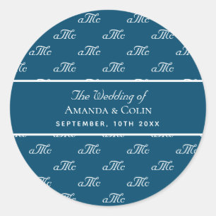 Blue White monogram couple initials wedding Classic Round Sticker