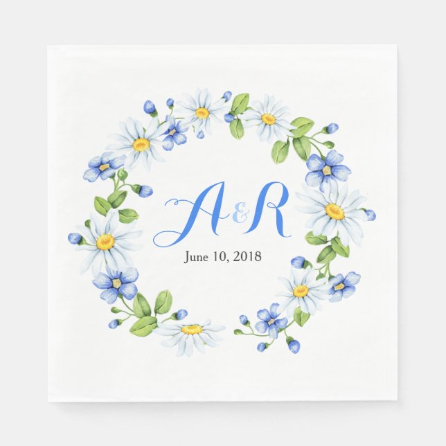 Blue White Monogram Daisy Floral Wedding Napkin (Front)