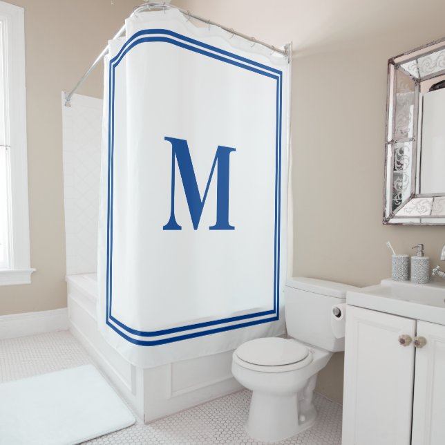 Blue White Monogram Initial Custom Name Elegant Shower Curtain (In Situ)