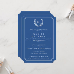 Blue/White Monogram Laurel Wreath Graduation Invitation