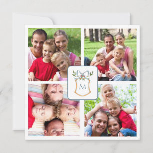 Blue & White Monogrammed crest 4 Photo Holiday Card