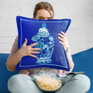 Blue White Monogrammed Elegant Ginger Jar  Cushion