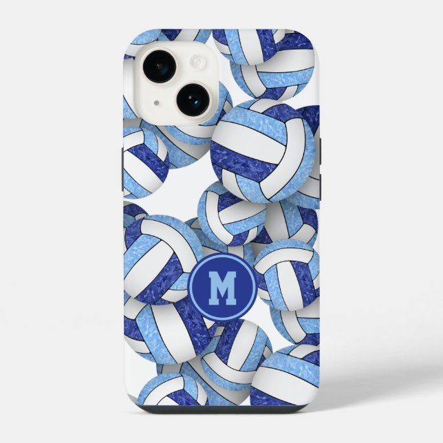 Blue white monogrammed girly volleyballs pattern  iPhone case (Back)