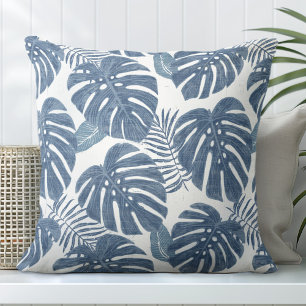 Blue & White Monstera Palm Leaves Cushion
