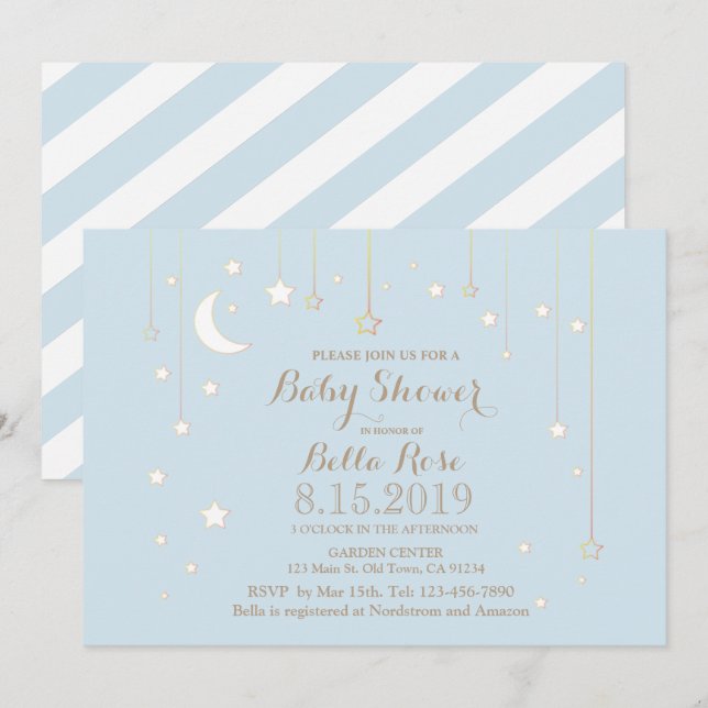 Blue White Moon Star Boy Baby Shower Invite (Front/Back)