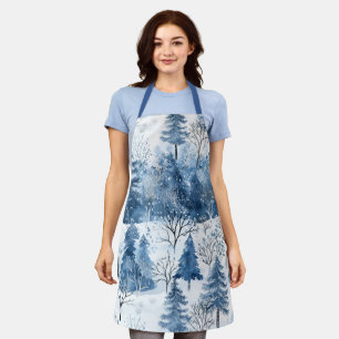 Blue White Mountain Christmas Trees Apron