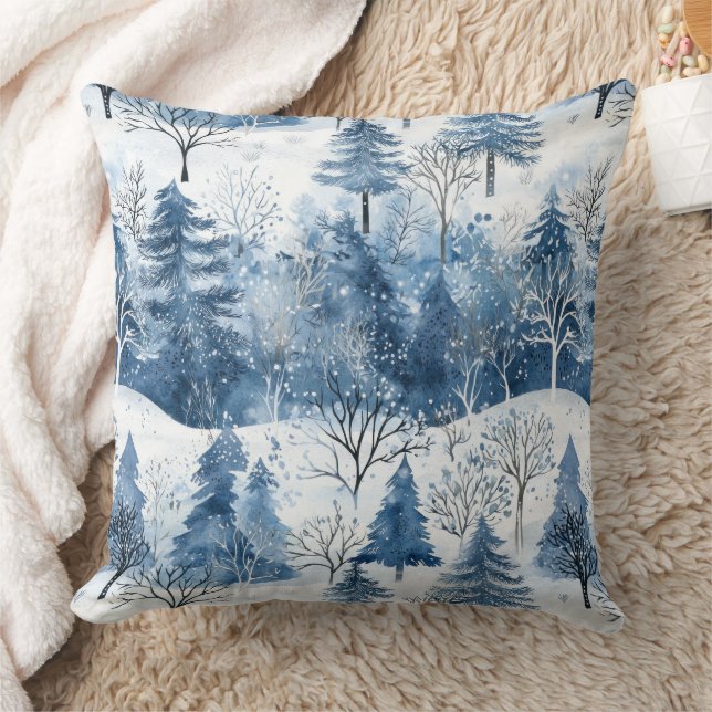 Blue White Mountain Christmas Trees Cushion (Blanket)