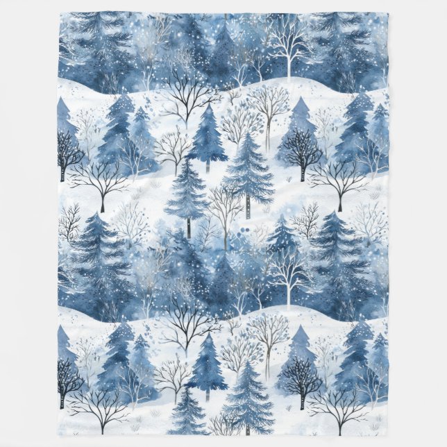 Blue White Mountain Christmas Trees Fleece Blanket (Front)