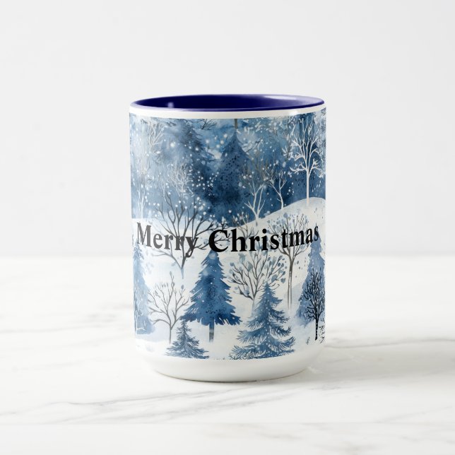 Blue White Mountain Christmas Trees Mug (Center)