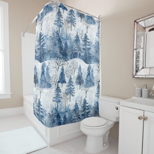 Blue White Mountain Christmas Trees Shower Curtain (In Situ)