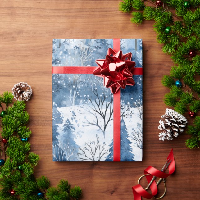 Blue White Mountain Christmas Trees Wrapping Paper (Holiday Gift)