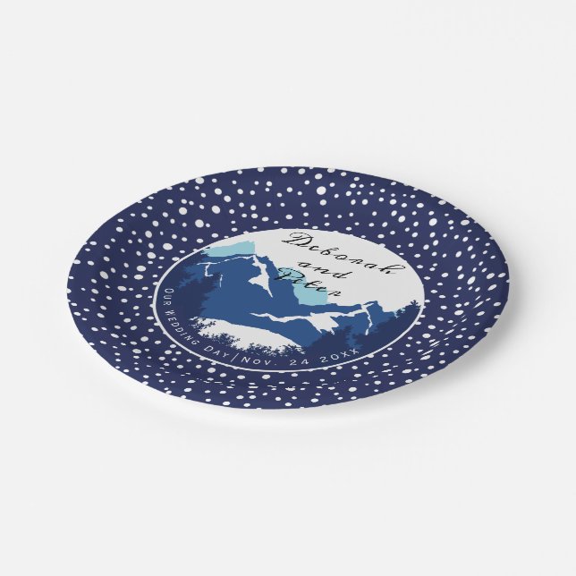 Blue, white mountains and conifer trees wedding paper plate (Angled)