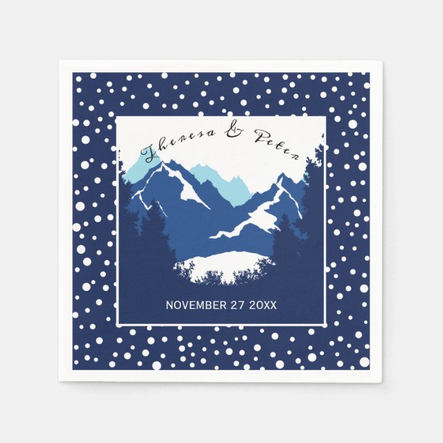 Blue, white mountains and polka dots wedding napkin (Front)