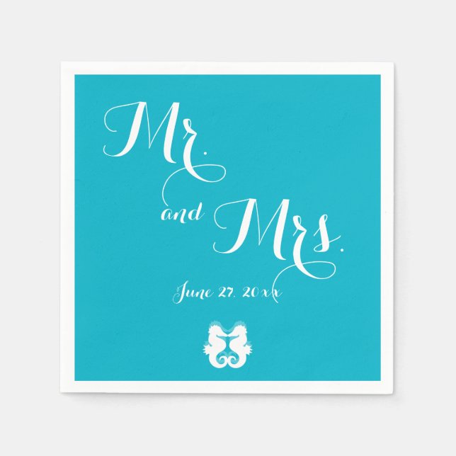 Blue White Mr. and Mrs. Seahorse Wedding Napkins (Front)