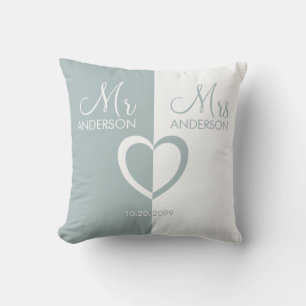 Blue white Mr Mrs name heart wedding gift Cushion