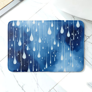 Blue White Nature Raindrops Pattern Bath Mat