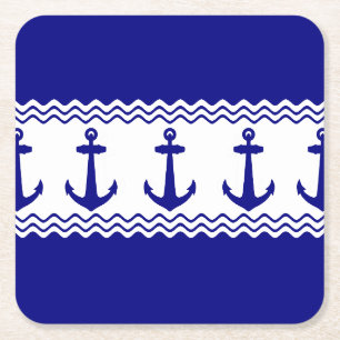 Blue White Nautical Anchor Coastal Stripes Square Paper Coaster