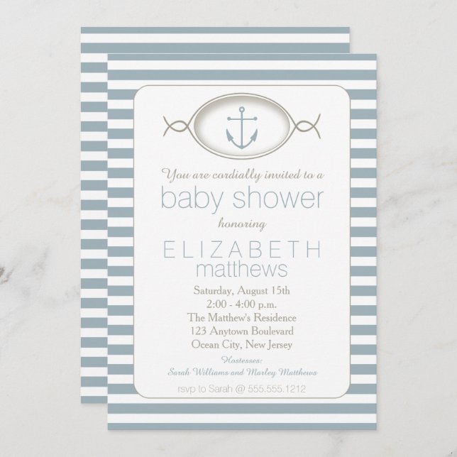 Blue White Nautical Anchor Striped Boy Baby Shower Invitation (Front/Back)