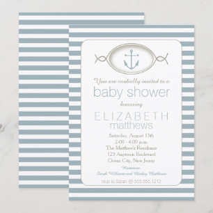 Blue White Nautical Anchor Striped Boy Baby Shower Invitation