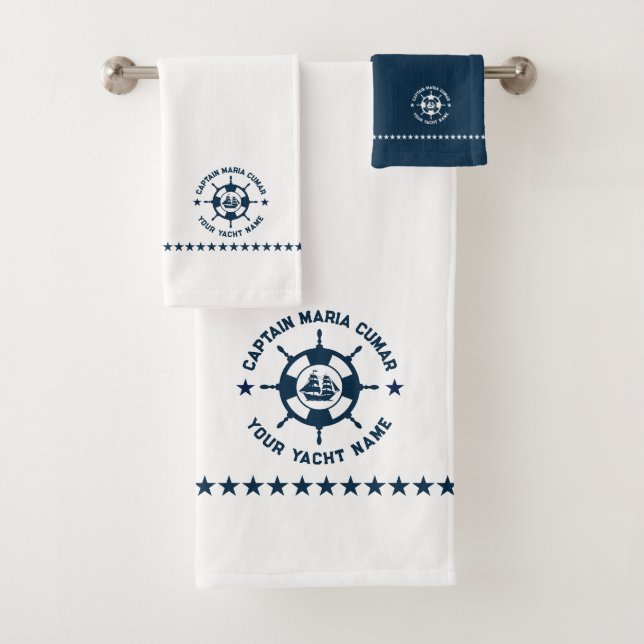 Blue White Nautical Boat Wheel Vintage Boat Bath Towel Set (Insitu)