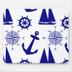 Blue White Nautical Coastal Boating Mouse Mat