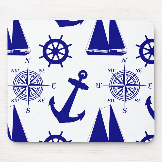 Blue White Nautical Coastal Boating Mouse Mat (Front)