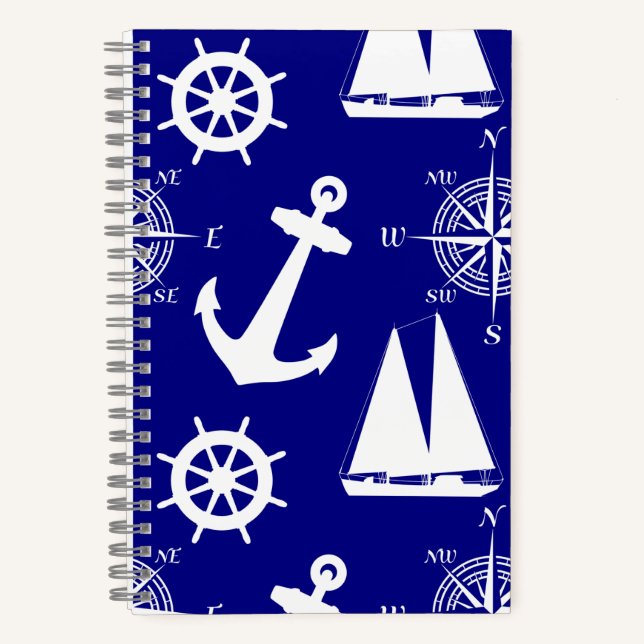 Blue White Nautical Coastal Boating Notebook (Front)