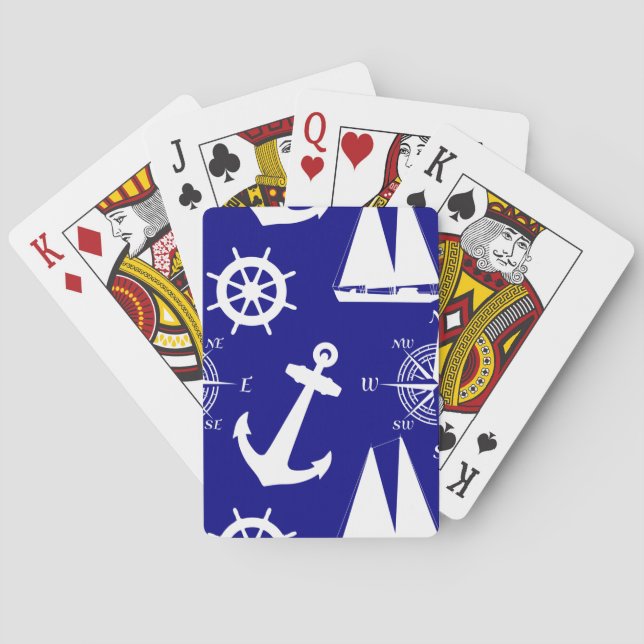 Blue White Nautical Coastal Boating Playing Cards (Back)