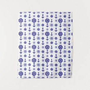 Blue White Nautical Coastal Boating Tapestry