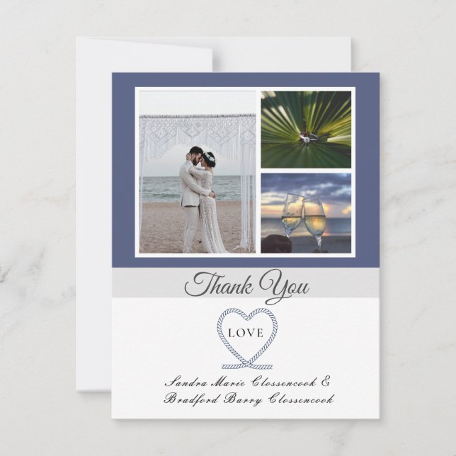 Blue White Nautical Heart Anchor Wedding Photo Tha Thank You Card (Front)