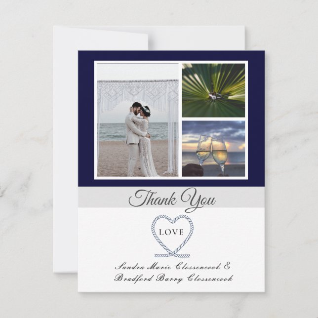 Blue White Nautical Heart Anchor Wedding Photo Tha Thank You Card (Front)