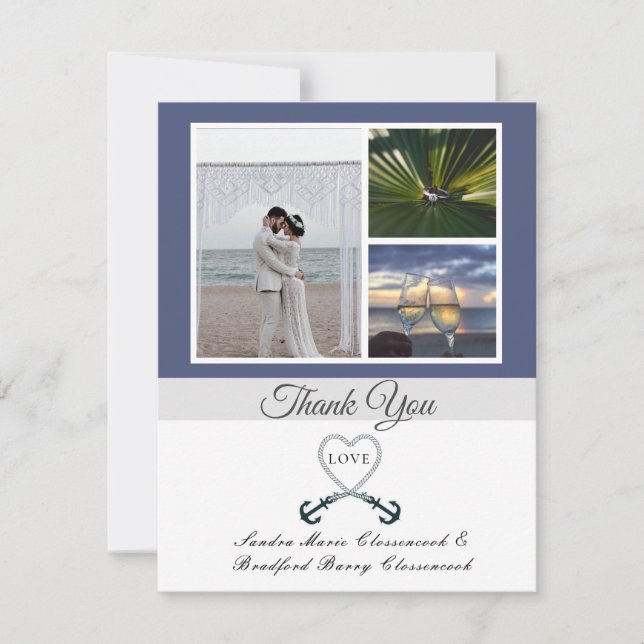 Blue White Nautical Heart Anchor Wedding Photo Thank You Card (Front)