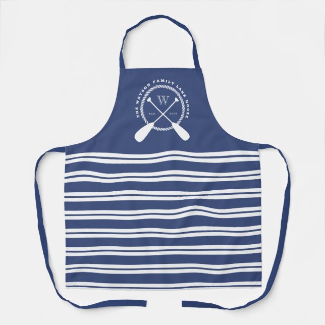 Blue White Nautical Lake House Monogram Apron (Front)