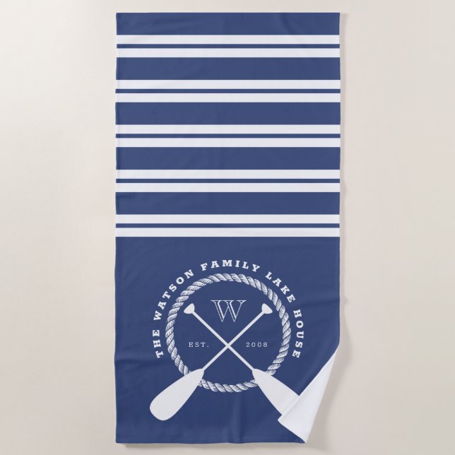 Blue White Nautical Lake House Monogram Beach Towel (Front)