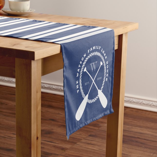 Blue White Nautical Lake House Monogram Short Table Runner (In Situ)