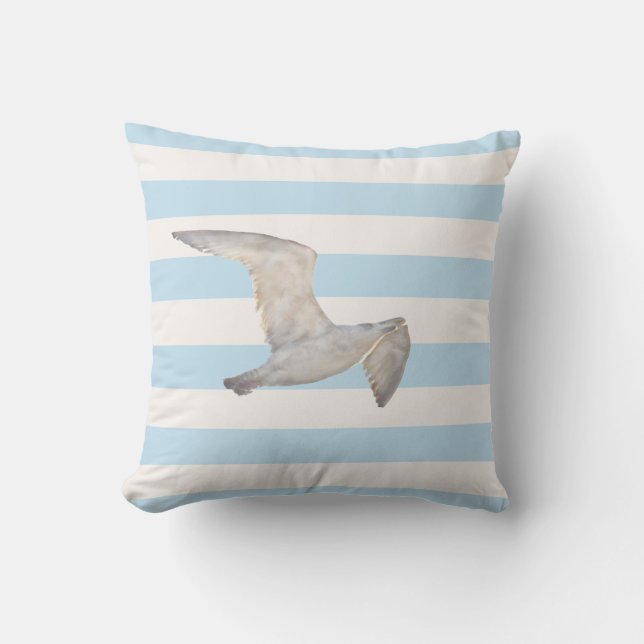 Blue white nautical pastel stripes seagull bird cushion (Front)
