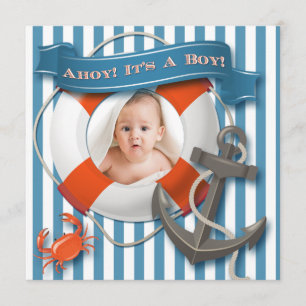 Blue, White Nautical Photo Baby Shower Invitation