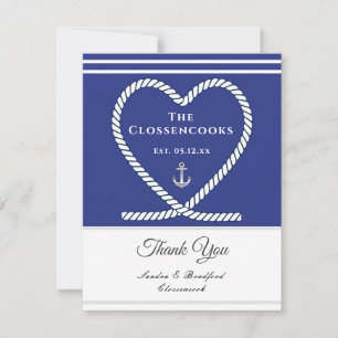 Blue White Nautical rope Heart Anchor Wedding   Thank You Card
