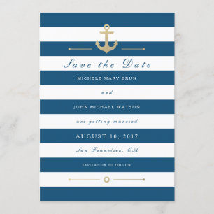 Blue White Nautical Save The Date Flat Photo Card